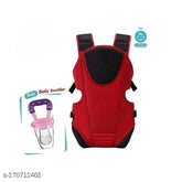 Red polyester net baby carrier bag, adjustable sling kangaroo design with carrying basket for front & back use, convertible facing-in and facing-out design for infants and children up to 10.5kg, padded shoulder straps & cross-belt straps for comfort and safety, machine washable