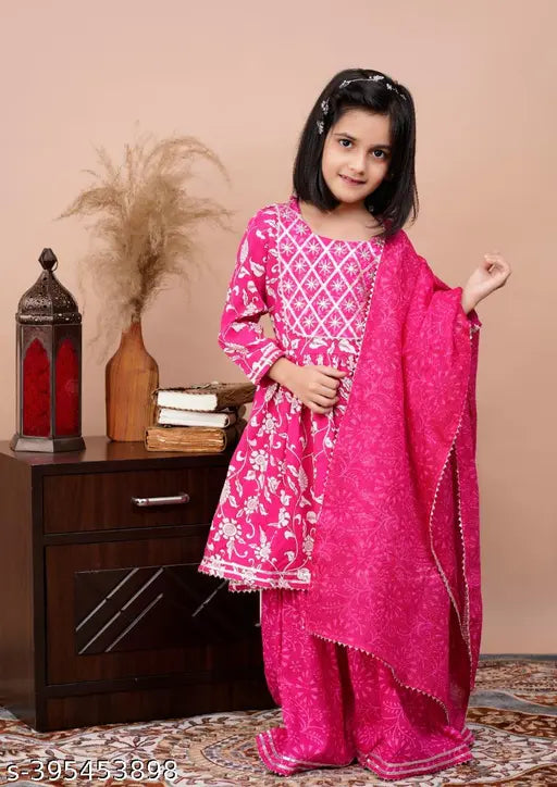 Maroon Rayon Anarkali Kurta & Sharara Set with Floral Embroidery, Includes Dupatta - Traditional Festive Wear for Kids