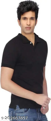 Black cotton blend polo t-shirt with collared neck and half sleeves, durable stitching for comfortable wear in all seasons. Made in India