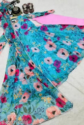 Blue georgette long-sleeved floral printed gown for women on mannequin
