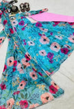 Blue georgette long-sleeved floral printed gown for women on mannequin