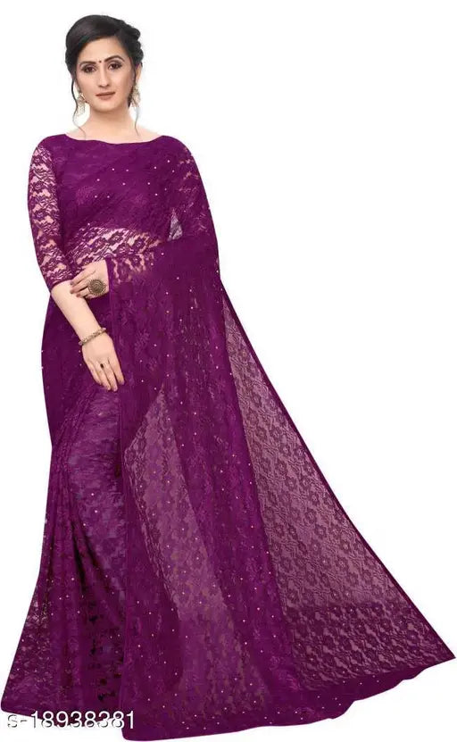 Net partywear fancy saree with matching net running blouse, self-design pattern from India