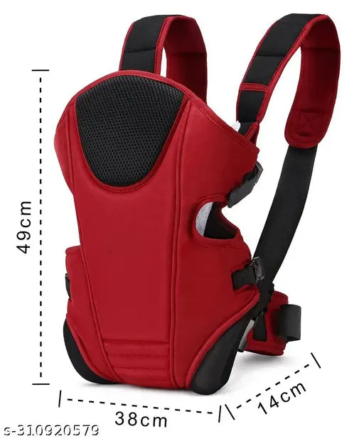 Red 3-in-1 adjustable newborn baby carrier backpack, padded shoulder strap, sturdy back support, cushioned leg support, breathable cotton polyester lining, extra padding for neck and hip support