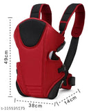 Red 3-in-1 adjustable newborn baby carrier backpack, padded shoulder strap, sturdy back support, cushioned leg support, breathable cotton polyester lining, extra padding for neck and hip support