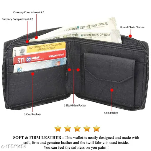 Trendy men's black leather zip wallet, solid pattern, 2 compartments, free size (11cm x 9cm), made in India