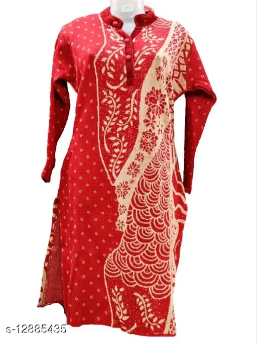 Red wool women's A-line self-design kurti with long sleeves, traditional Indian fashion