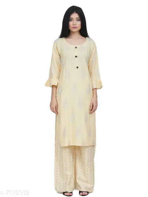 Rayon yellow palazzo kurta set, three-quarter sleeves, printed net design, women's fashion from India