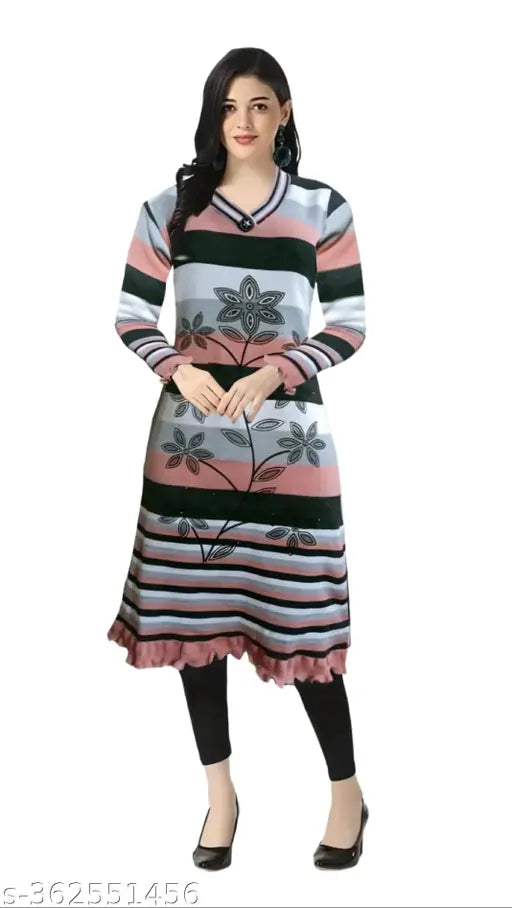 Woolen three-quarter sleeve printed kurti for women, warm and stylish in black, brown, or peach - ideal for daily wear during winter seasons. Made in India
