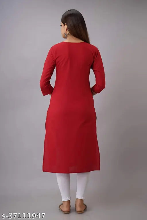 Red rayon embroidery kurti with three-quarter sleeves, intricate floral design. Single sizes available M (38in bust, 42in length) and L (40in bust, 42in length), from India