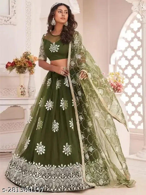 Designer embroidered net lehenga choli and dupatta set, semi-stitched with a 52in waist and 48in length, Indian origin