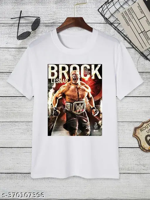 White polyester WWE Ron Brando Brock t-shirt for boys/men with printed design, short sleeves and round neck. Made in India