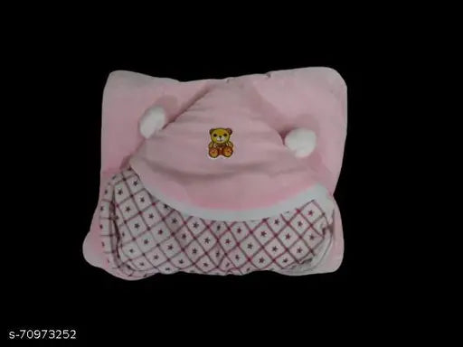 Soft pink velvet hooded baby swaddler, perfect for mild winter, protects newborn from cold. Made in India