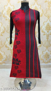 Red & Black Wool Printed Long Sleeve Kurti, Trending Indian Women's Fashion