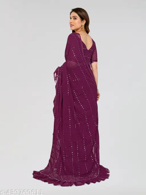 Georgette silk mirror work ruffle fancy saree, free size with 5.5m length, embellished blouse on model