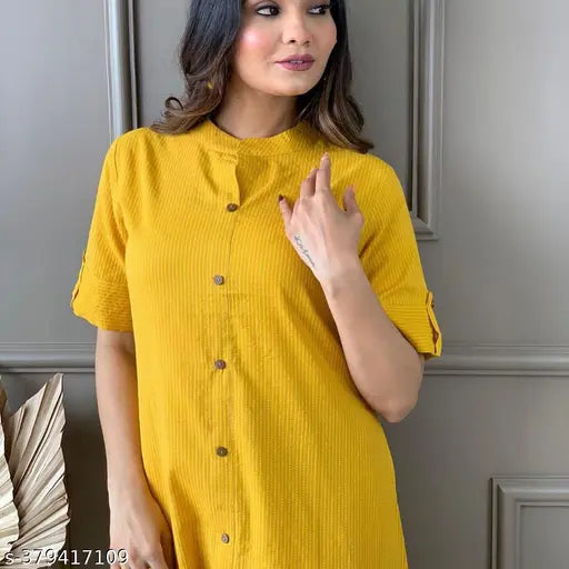 yellow cotton kurta plazo set with pockets, solid net design, three-quarter sleeves, Indian origin