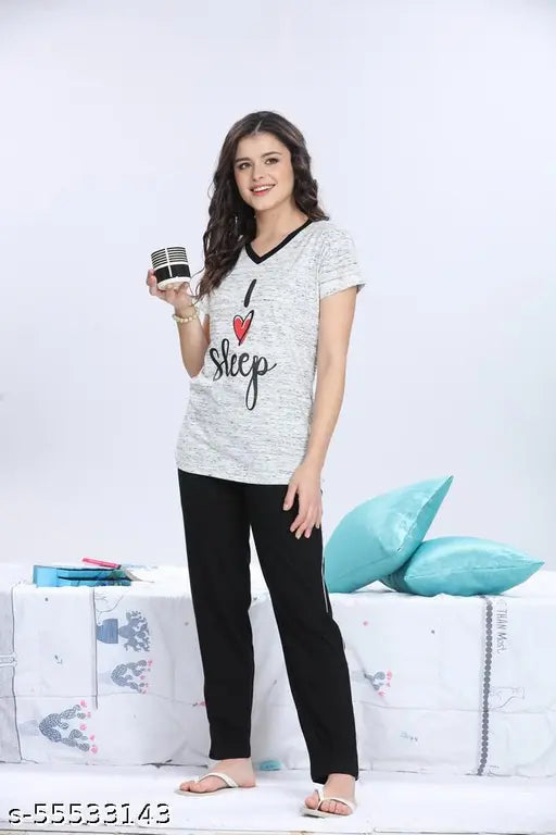 Life Partner women's full-length hosiery night suit in solid color, cotton printed capri pyjama set for lounge wear/sleepwear/nightwear, India origin