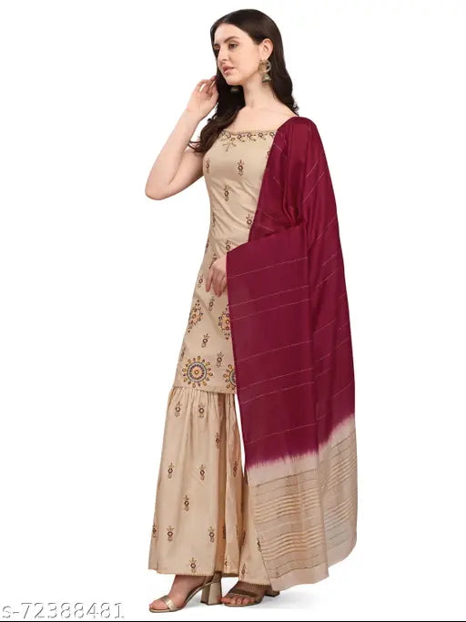 Silk blend women's Kurta & Sharara Set in soothing Banglori Slub, embroidered net design, sleeveless, suitable for casual occasions