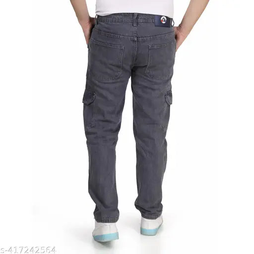 Classic blue 100% cotton denim mens 6 pocket cargo pants with adjustable ankle cuffs, multiple cargo pockets for storage. Reinforced stitching for durability