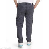 Classic blue 100% cotton denim mens 6 pocket cargo pants with adjustable ankle cuffs, multiple cargo pockets for storage. Reinforced stitching for durability