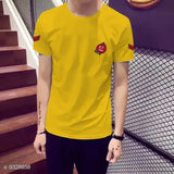 Trendy yellow cotton rose patch t-shirt, short sleeves, printed pattern on soft Indian fabric