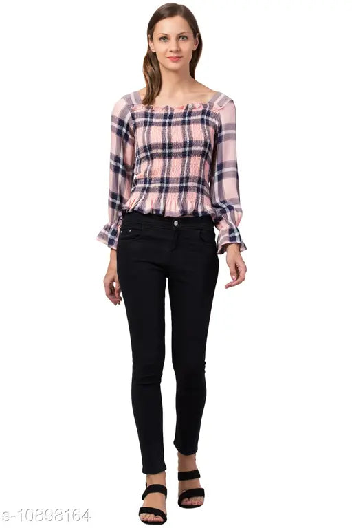 New Ria ensemble: printed net polyester tops with three-quarter sleeves, women's fashion from India