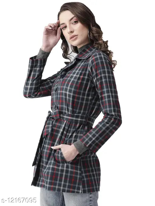 Navy blue checked cotton tailored jacket, long sleeves, women's fashion, printed net pattern