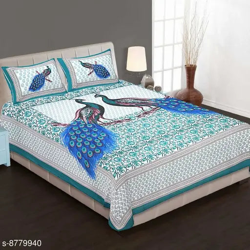 Trendy indian peacock printed bedsheet, vibrant jaipuri design for versatile home decor
