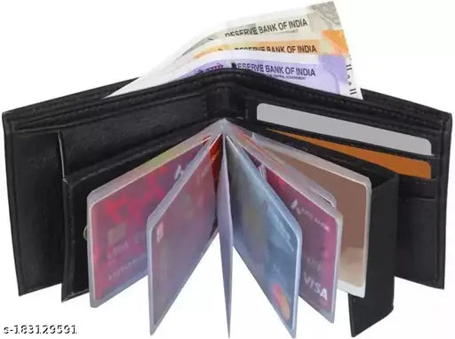 Black faux leather men's wallet, regular size with 10 card slots and two compartments, ideal for everyday essentials