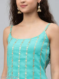 Georgette stitched kurta with sharara, embroidered striped net fabric, max size 52", highlighting the product type, material, pattern, and maximum size