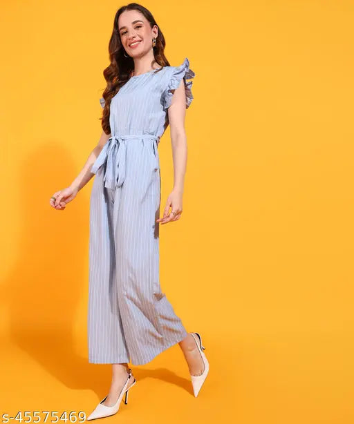 Light blue stripe printed crepe long jumpsuit with ruffled sleeves and waist belt, women's style by Serein. Business-casual jumpsuit perfect for office wear