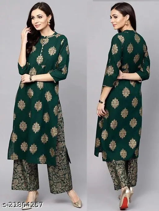Rayon Kashvi women's kurta set with palazzo bottoms, three-quarter sleeves, zari woven net pattern - single size, made in India