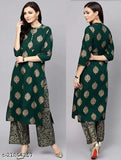 Rayon Kashvi women's kurta set with palazzo bottoms, three-quarter sleeves, zari woven net pattern - single size, made in India