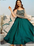 Green art silk Anarkali Kurta set with dupatta & bottomwear, embroidered, three-quarter sleeves. Single size S, M, L, XL, made in India