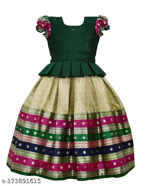 Girls' Art Silk & Jacquard Lehenga Choli, South Indian traditional Pattu Pavadai, striped pattern, short sleeves, stitched net, size 2-10 years