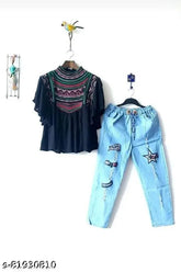 Trendy cotton blend embroidered top with denim pants, XS (bust 34in, length 19in) and denim waist 28in, length 34in