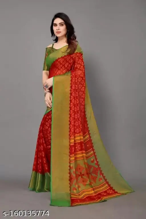 Digital flower printed chiffon saree with running blouse, Indian geometrics and zari border