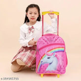 Pink waterproof school trolley bag, Indian Riders UNIQUE BAG. Durable polyester net, 3 compartments, suitable for kids aged 2-8 years. Spacious, stylish, and durable, perfect for carrying A4 notebooks." (125 characters)