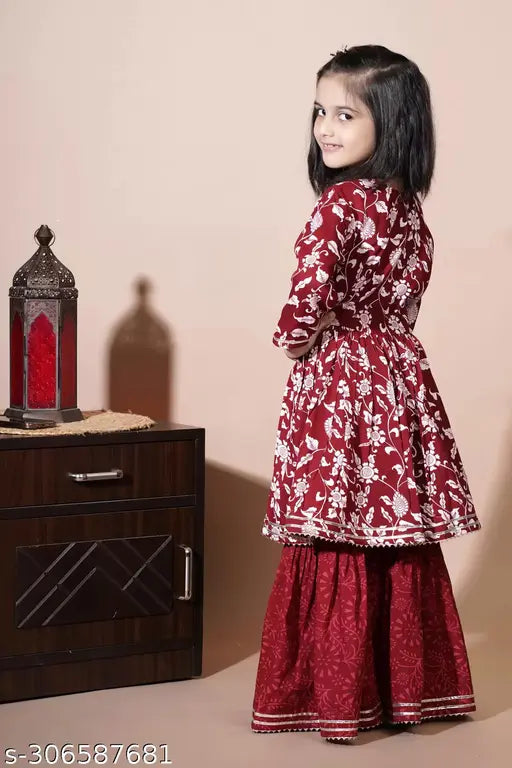 Anarkali rayon printed kurta set with dupatta, embroidered sleeves for girls aged 5-12 years, Indian traditional clothing on display