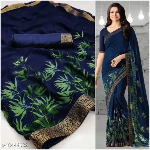 Trendy attractive georgette saree with separate dupion silk blouse, printed pattern matching border, free size, 5.5m length