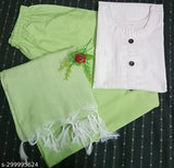 Cotton Palazzo set for women & girls in white & green, features three-quarter sleeves and includes a matching dupatta. Pure cotton from India