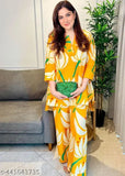 Yellow printed loose fit co-ord set, perfect for summer. Cotton fabric, long sleeves. Available in sizes M, L, XL, XXL, 4XL, and 5XL