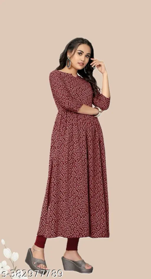 Breathable crepe floral printed Anarkali kurti, pack of 1 - Traditional Indian fashion for women with three-quarter sleeves and various sizes available