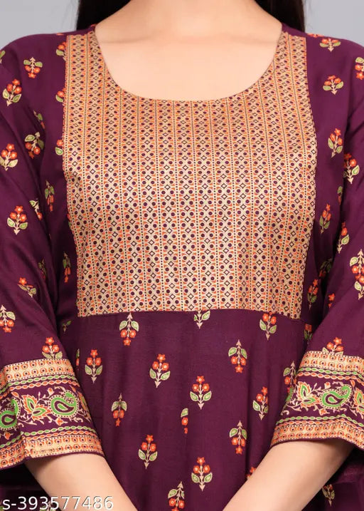 Printed wine Anarkali Kurta, rayon fabric, three-quarter sleeves, ideal for summers