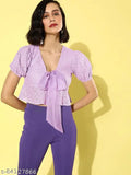 Mauve cotton self-design crop top with short puff sleeves, V-neck and bow tie detail - Style Quotient Women's India
