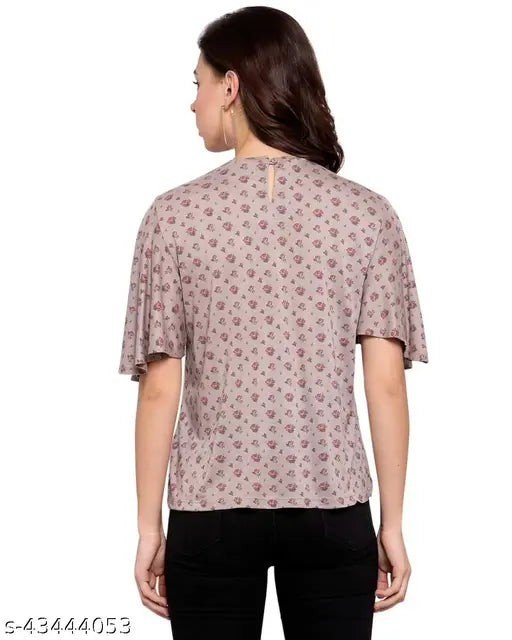 Beige floral printed cotton blend A-line top with high neck and flared sleeves by Style Quotient, women's size M (36in bust, 24in length)