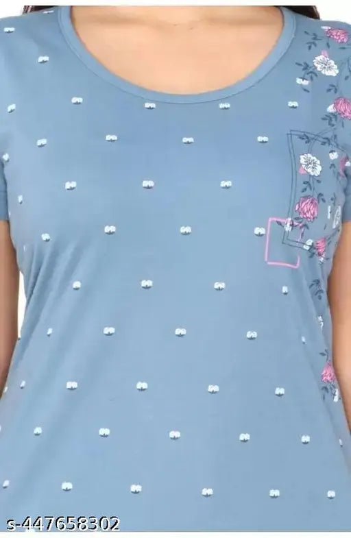 Blue cotton blend pyjama set with printed round neck top, ideal for summer nights, women's casual wear, loose-fitted and comfortable, made in India