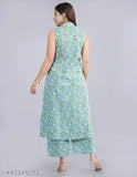 Cotton green kurta with palazzo, printed net design, sleeveless bottomwear. Indian traditional attire for women