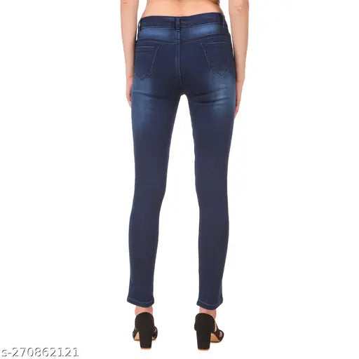Dark blue stretchable denim jeans, women's slim fit with solid print, made in India