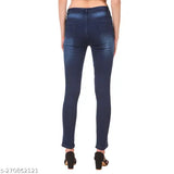 Dark blue stretchable denim jeans, women's slim fit with solid print, made in India