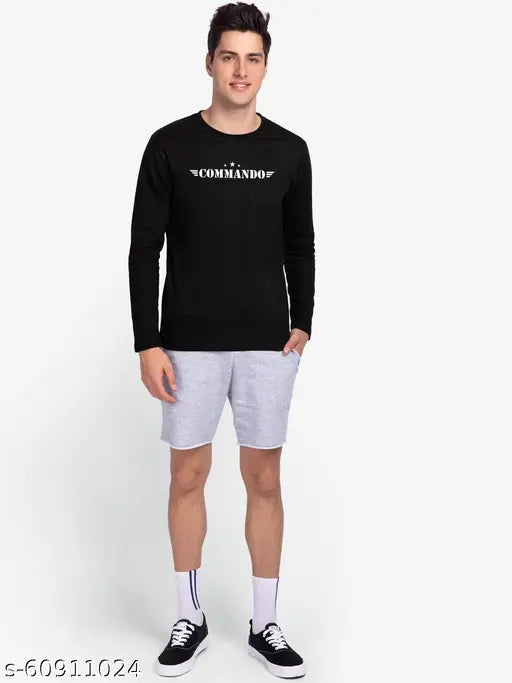 Organic Chics Commando Printed Black Men's Long Sleeve T-Shirt, graphic print on round neck for gym style and comfort